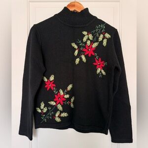 Dressbarn Vintage Black Poinsettia Mock Neck Sweater Christmas Holiday Medium